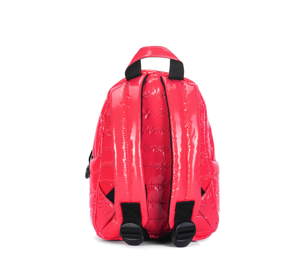 Mueslii original puffer extra small pack made of high density nylon and Ykk zips, color pink red, back view.