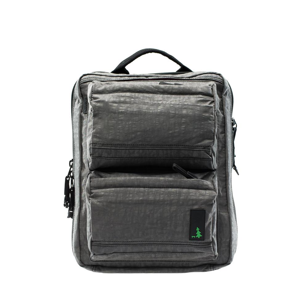 Mueslii travel backpack with separate clothes and laptop compartments, color ash grey, front view.