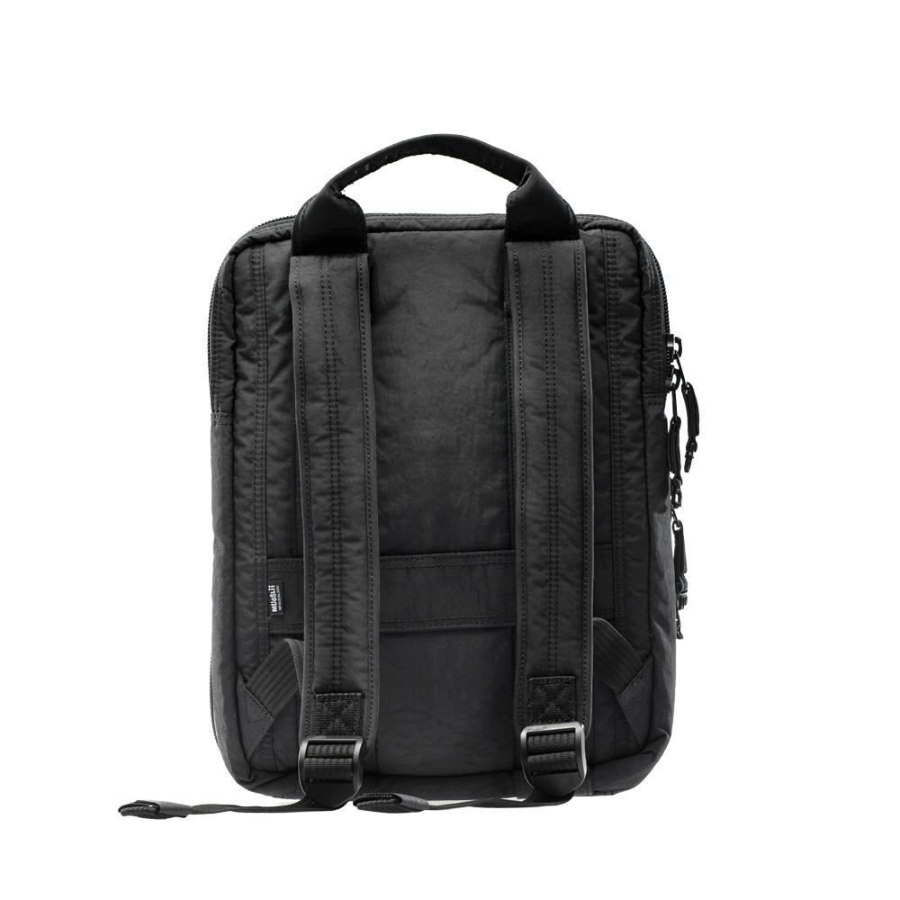 Mueslii travel backpack with separate clothes and laptop compartments, color  coal black, back side.