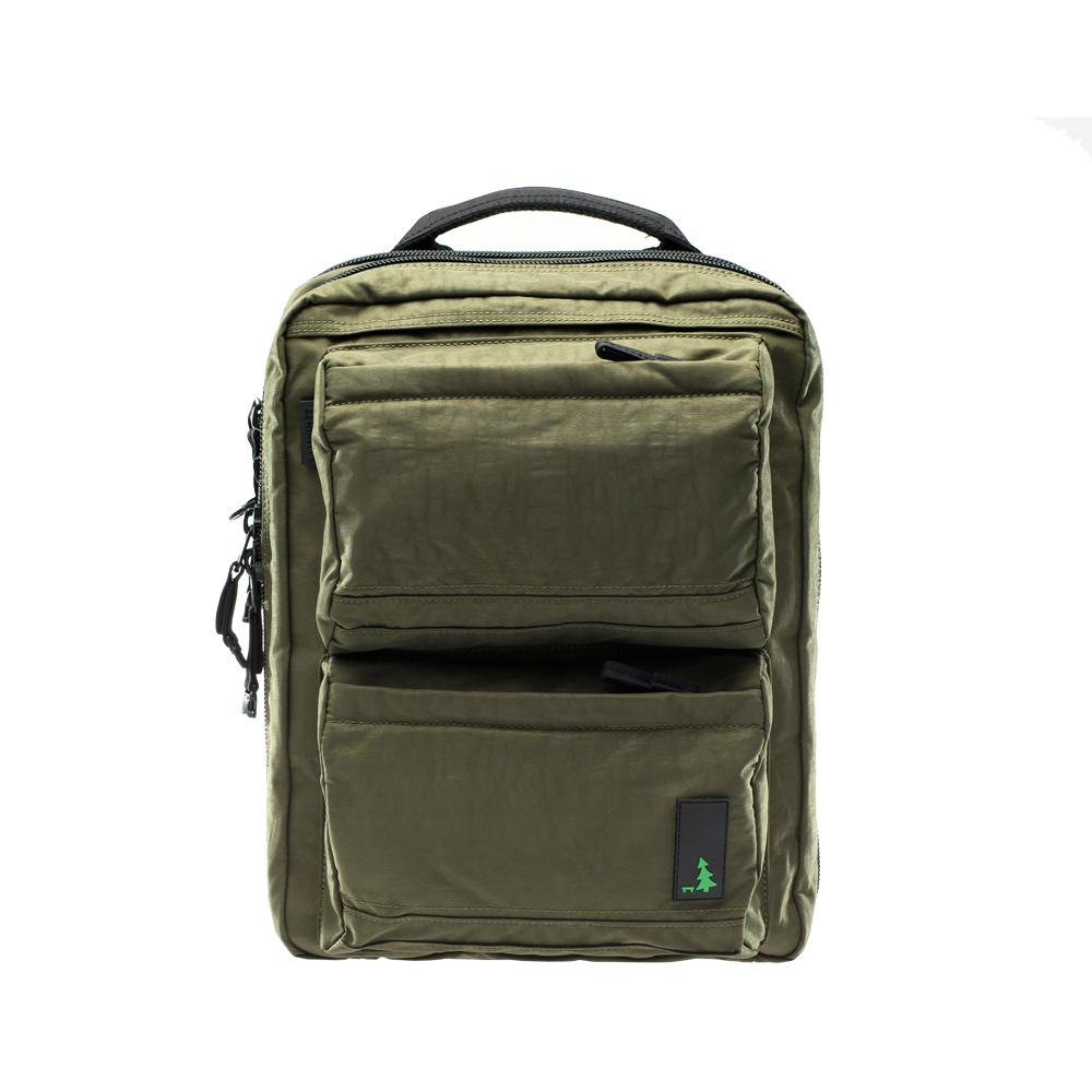 Mueslii travel backpack with separate clothes and laptop compartments, color army green, front view.
