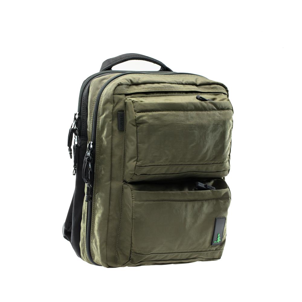 Mueslii travel backpack with separate clothes and laptop compartments. Material: high density crinkle nylon, color  army green.
