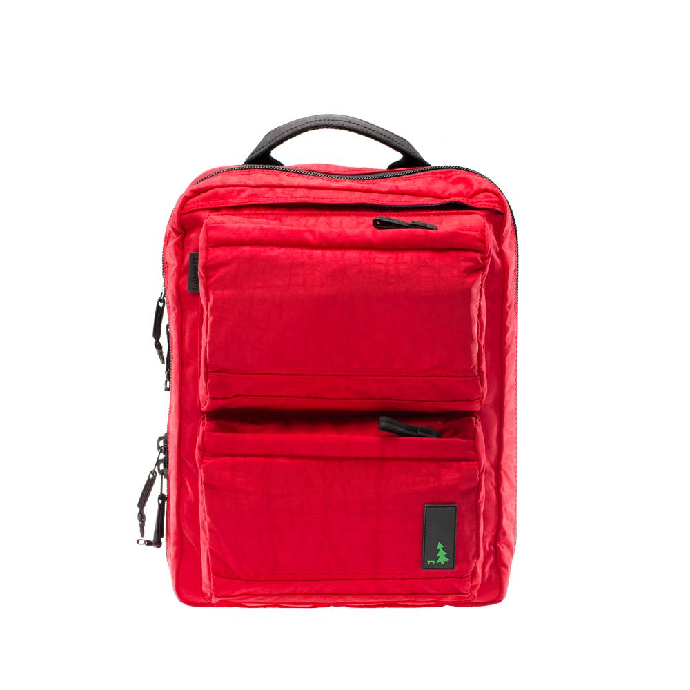 Mueslii travel backpack with separate clothes and laptop compartments, color lava red, front view.