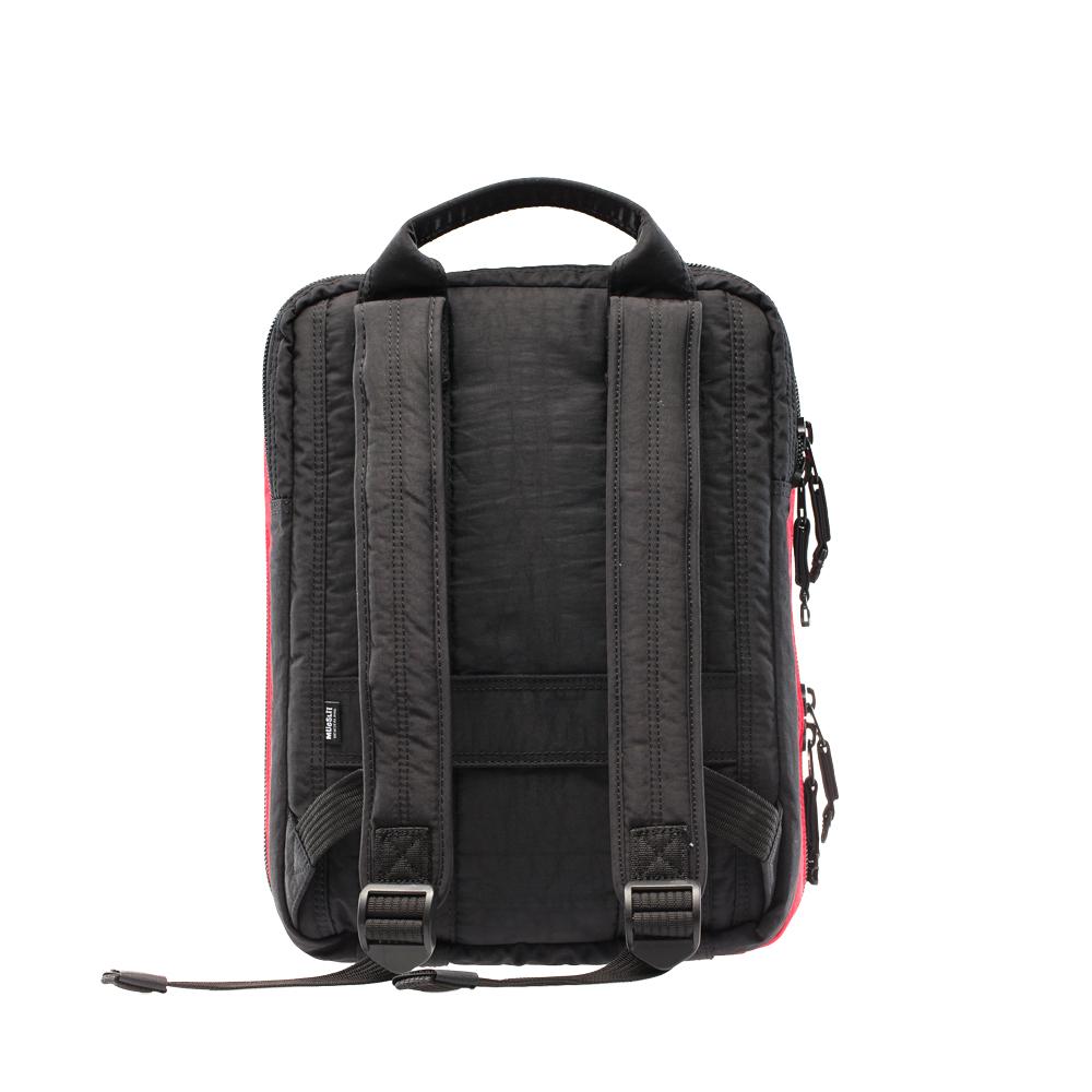 Mueslii travel backpack with separate clothes and laptop compartments, color lava red, back side.
