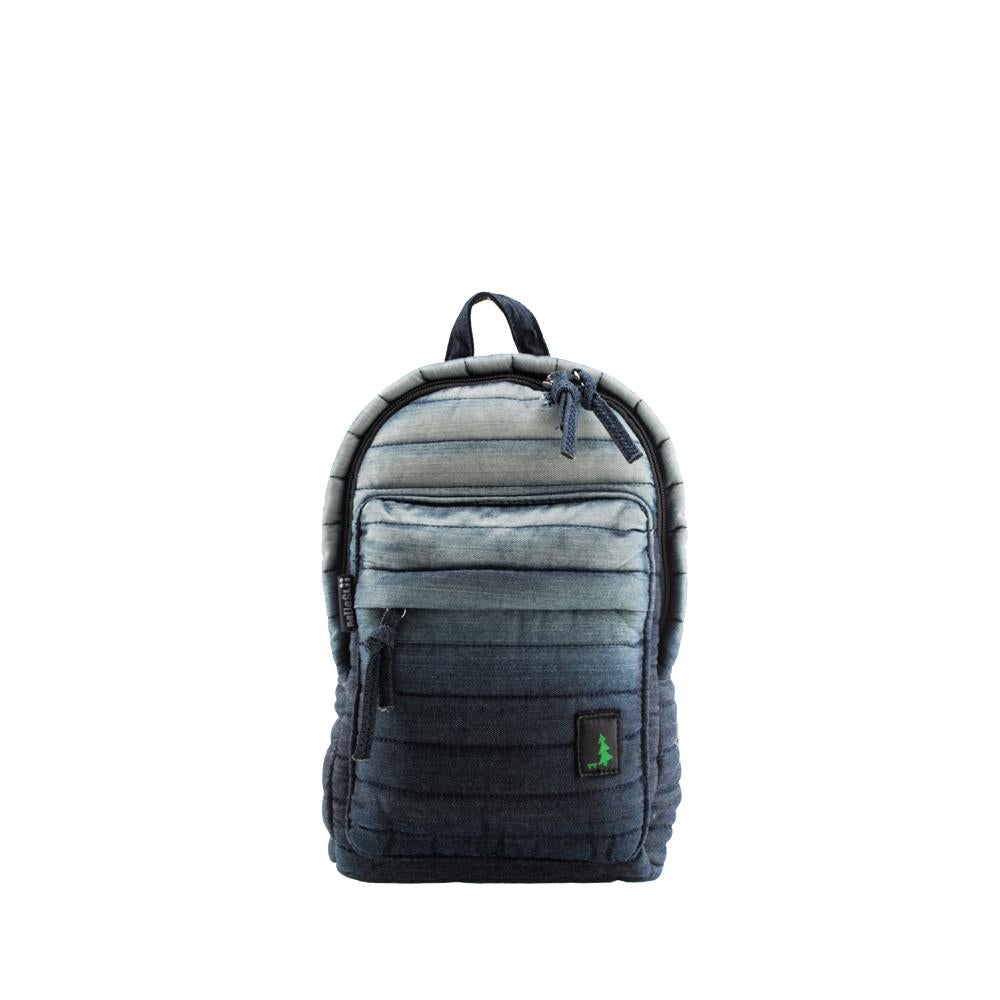 Mueslii original puffer Mini pack made of high density nylon and Ykk zips, pattern stone washed denim, color blue, front view.
