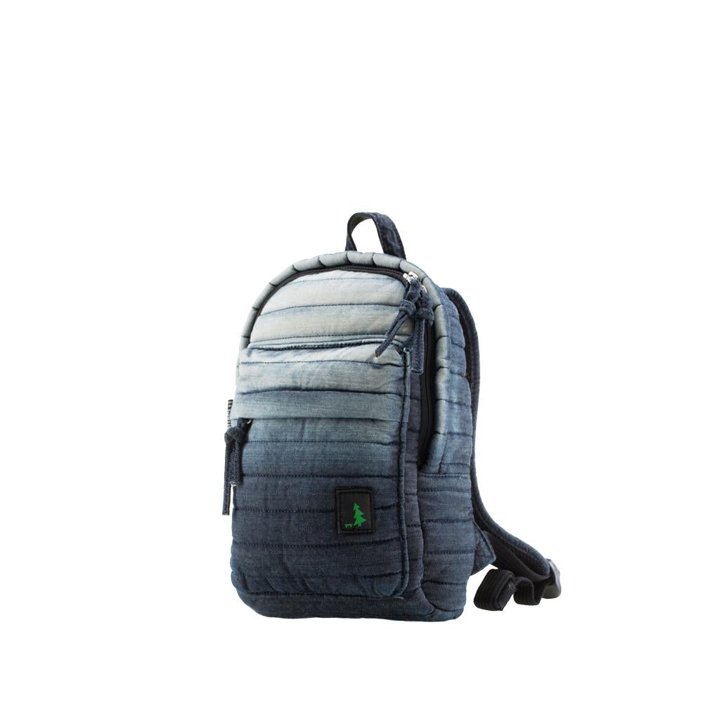 Mueslii original puffer Mini pack made of high density nylon and Ykk zips, color stone washed denim, side view.