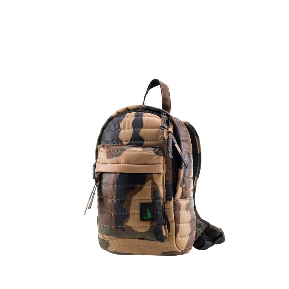 Mueslii original puffer Mini pack made of high density nylon and Ykk zips, camo classic, color brown, side view.