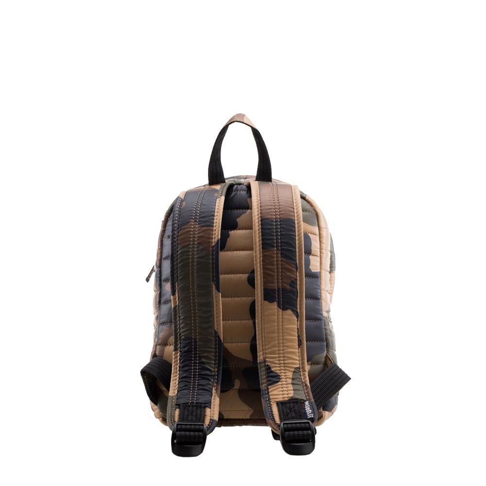 Mueslii original puffer Mini pack made of high density nylon and Ykk zips, camo classic, color brown, back view.