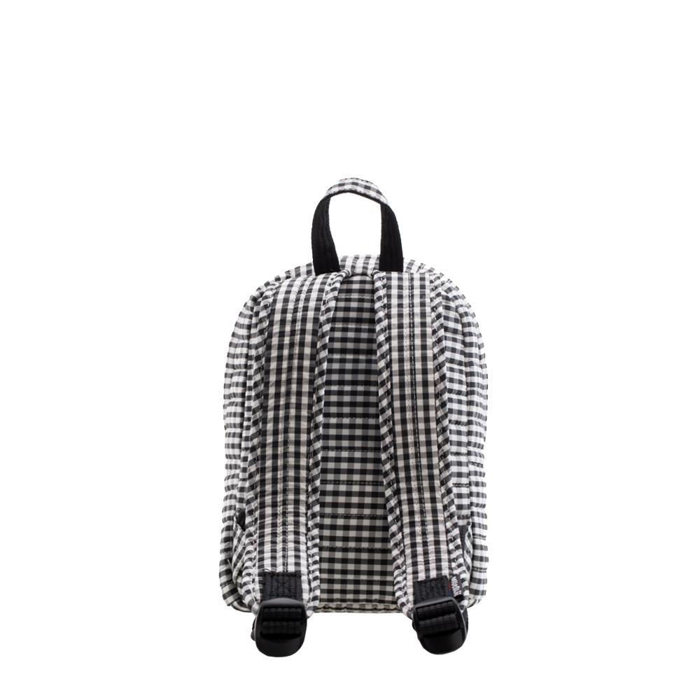 Mueslii original puffer Mini pack made of high density nylon and Ykk zips, pattern chequered, color black and white, back view.