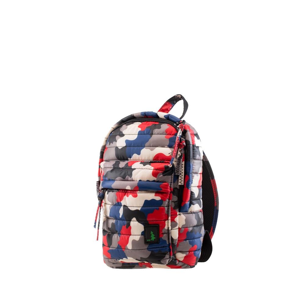 Mueslii original puffer Mini pack made of high density nylon and Ykk zips, color red and blue camo, side view.