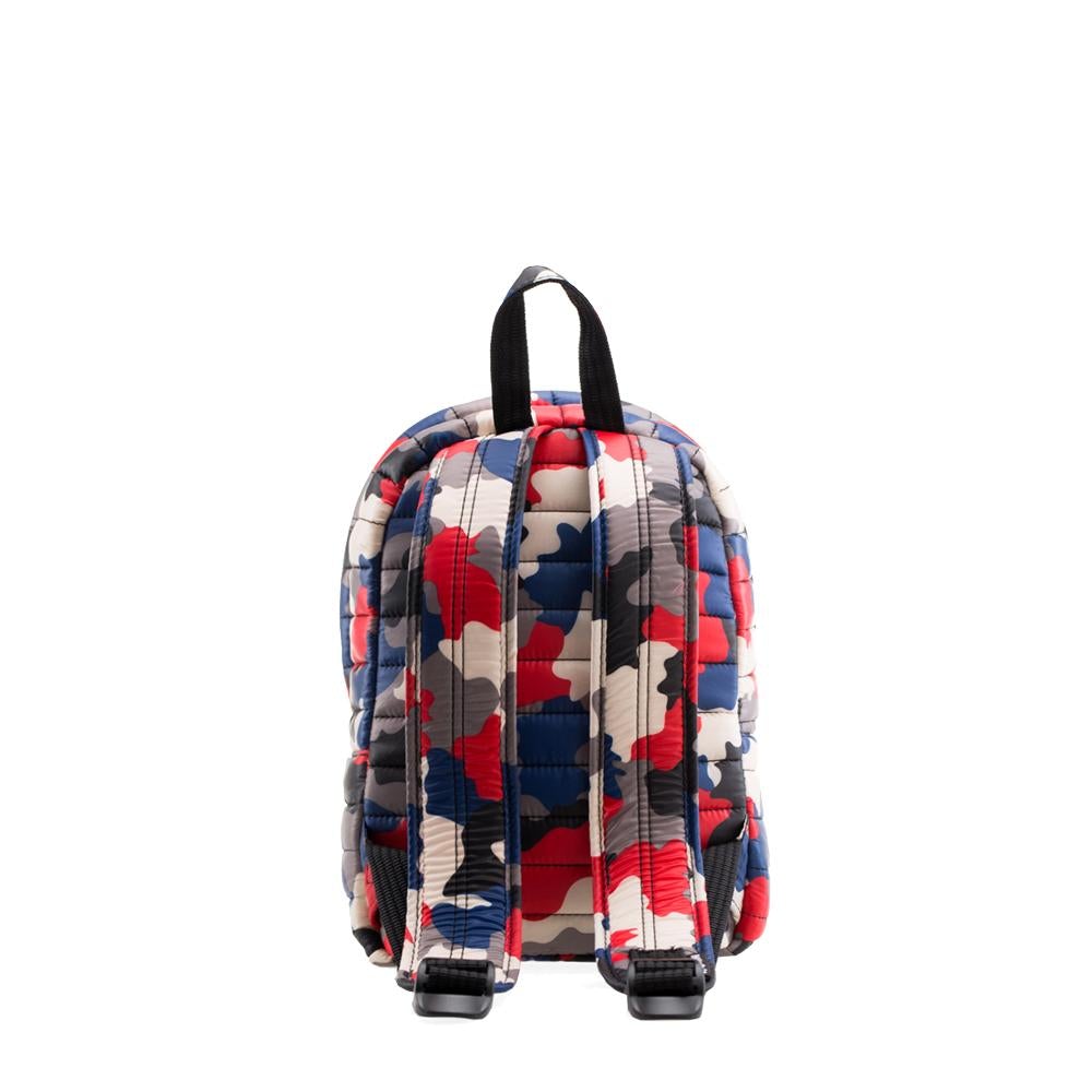Mueslii original puffer Mini pack made of high density nylon and Ykk zips, color red and blue camo, back view.