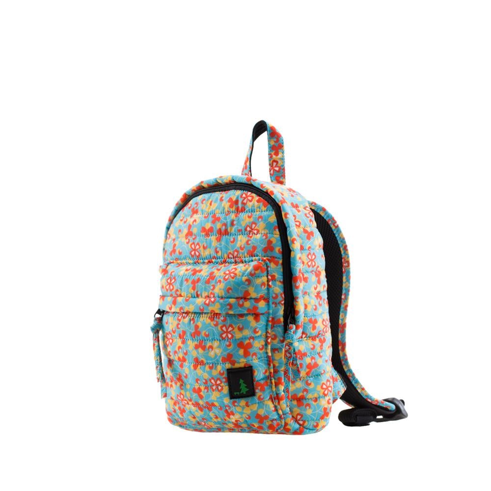 Mueslii original puffer Mini pack made of high density nylon and Ykk zips, pattern hippies dream, color blue, orange and yellow, side view.