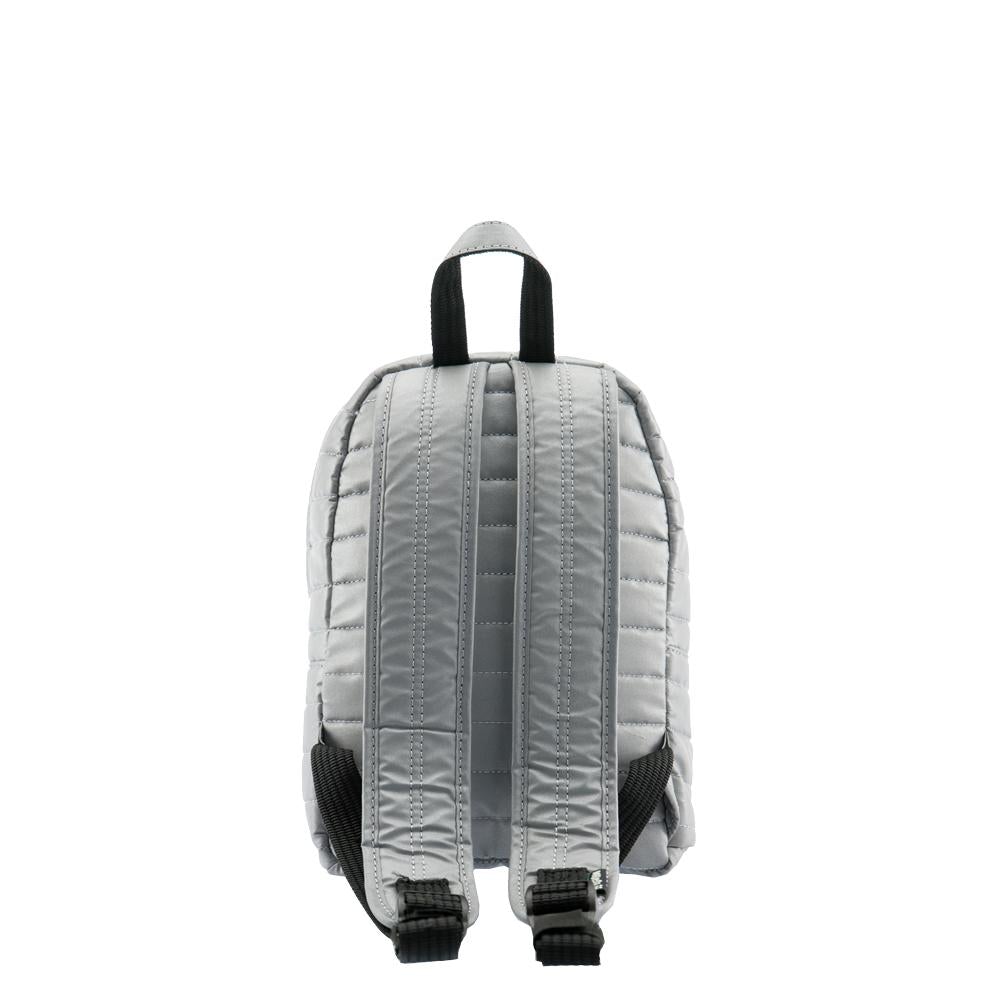 Mueslii original puffer Mini pack made of high density nylon and Ykk zips, color reflective silver, back view.