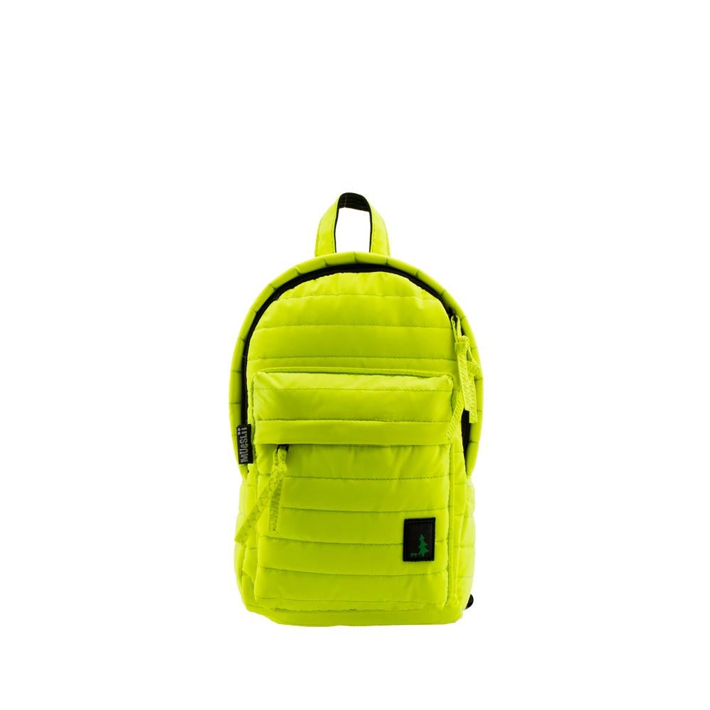 Mueslii original puffer Mini pack made of high density nylon and Ykk zips, color reflective yellow, front view.