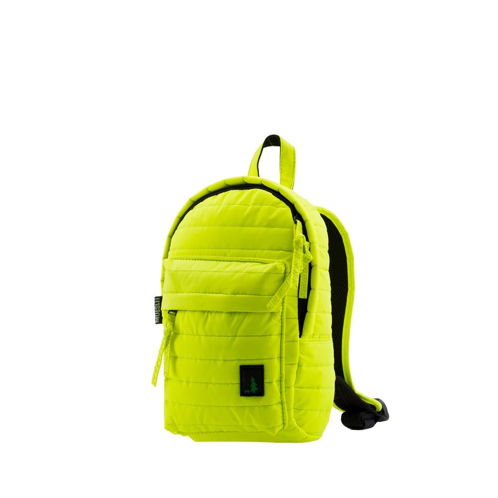 Mueslii original puffer Mini pack made of high density nylon and Ykk zips, color reflective yellow, side view.