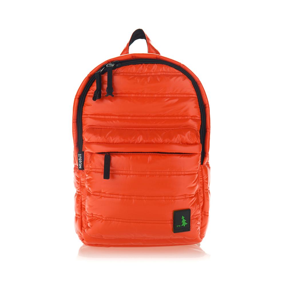Mueslii original puffer daily backpack made of high density nylon and Ykk zips, color spanish orange, front view.