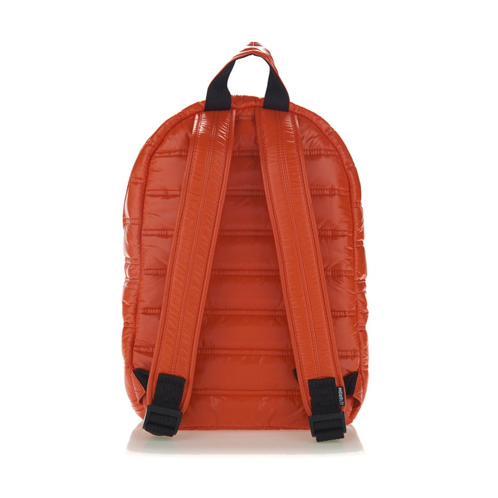 Mueslii original puffer daily backpack made of high density nylon and Ykk zips, color spanish orange, back view.