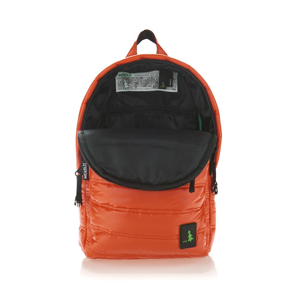Mueslii original puffer daily backpack made of high density nylon and Ykk zips, color spanish orange, inside view.