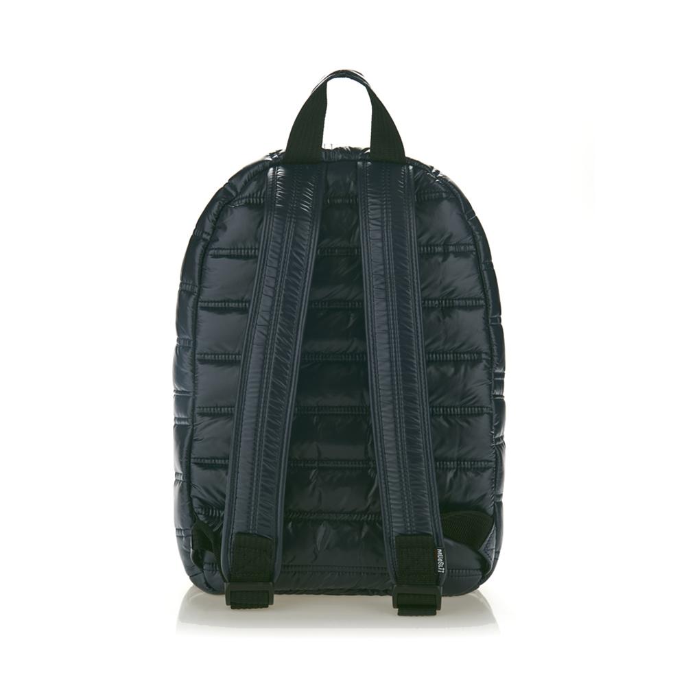 Mueslii original puffer daily backpack made of high density nylon and Ykk zips, color dark midnight blue, back view.