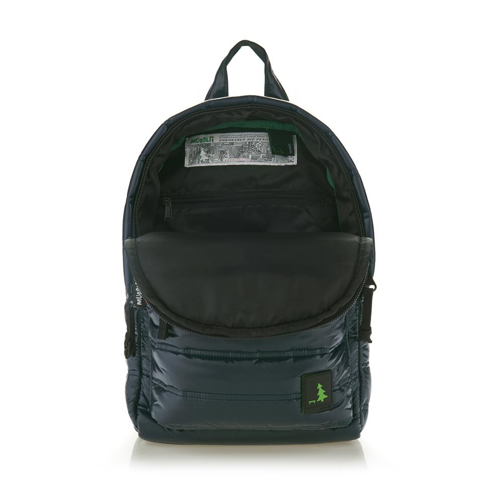 Mueslii original puffer daily backpack made of high density nylon and Ykk zips, color dark midnight blue, inside blue.