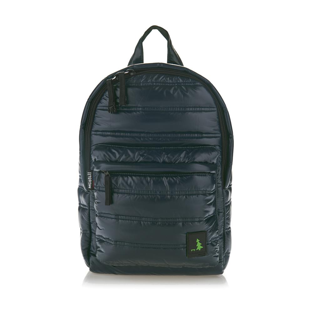 Mueslii original puffer daily backpack made of high density nylon and Ykk zips, color dark midnight blue, front view.
