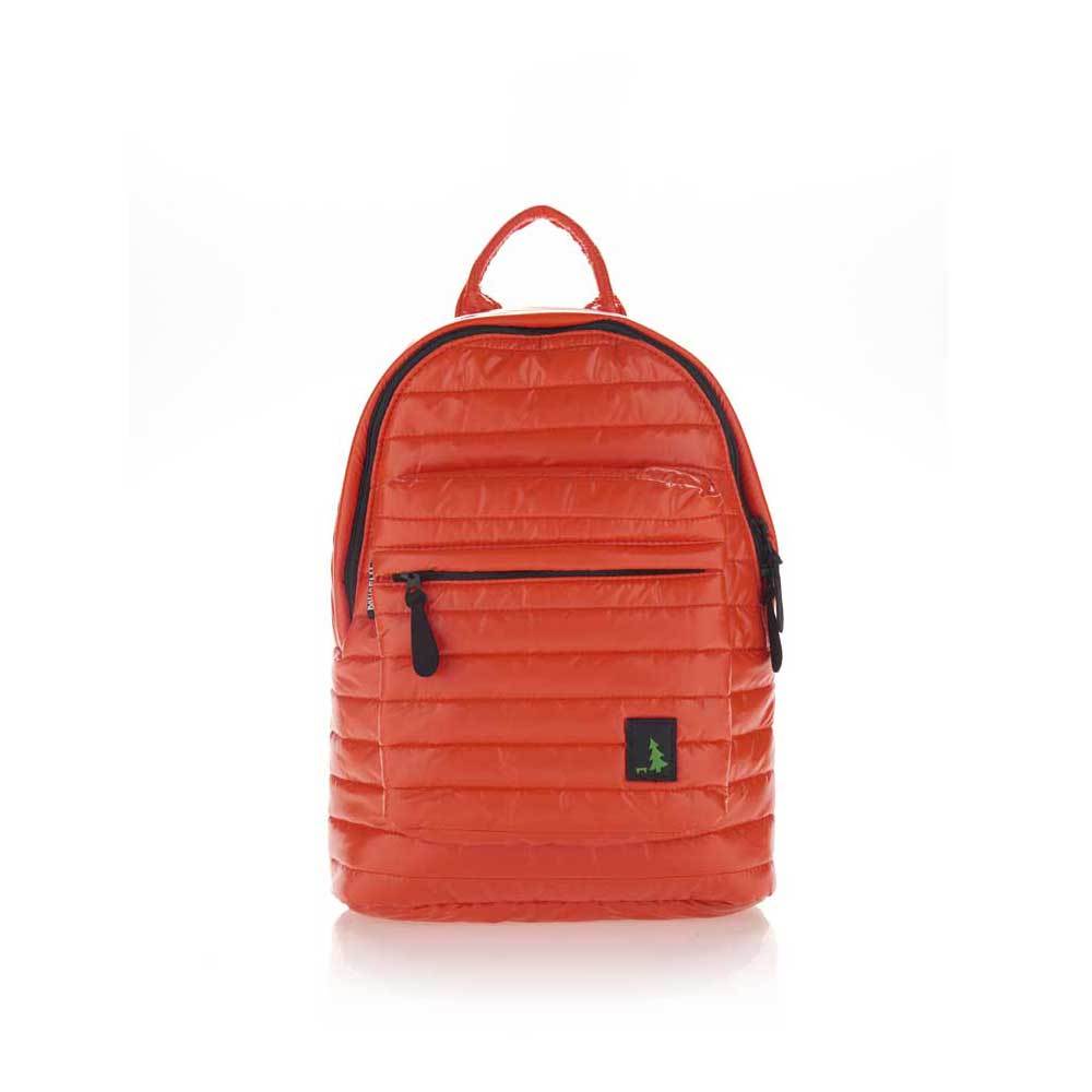 Mueslii original puffer medium and small backpack made of high density nylon and Ykk zips, color orange, front view.