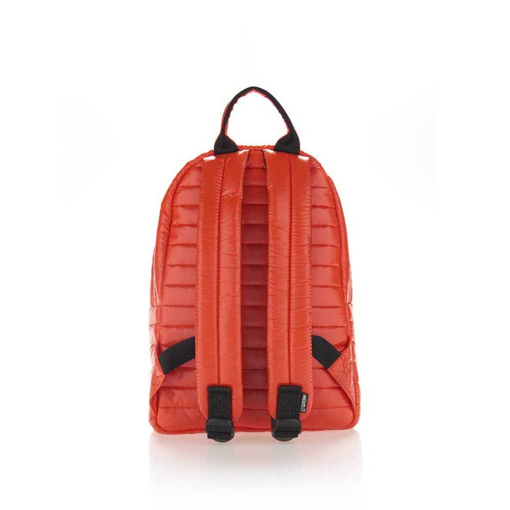 Mueslii original puffer medium and small backpack made of high density nylon and Ykk zips, color orange, back view.
