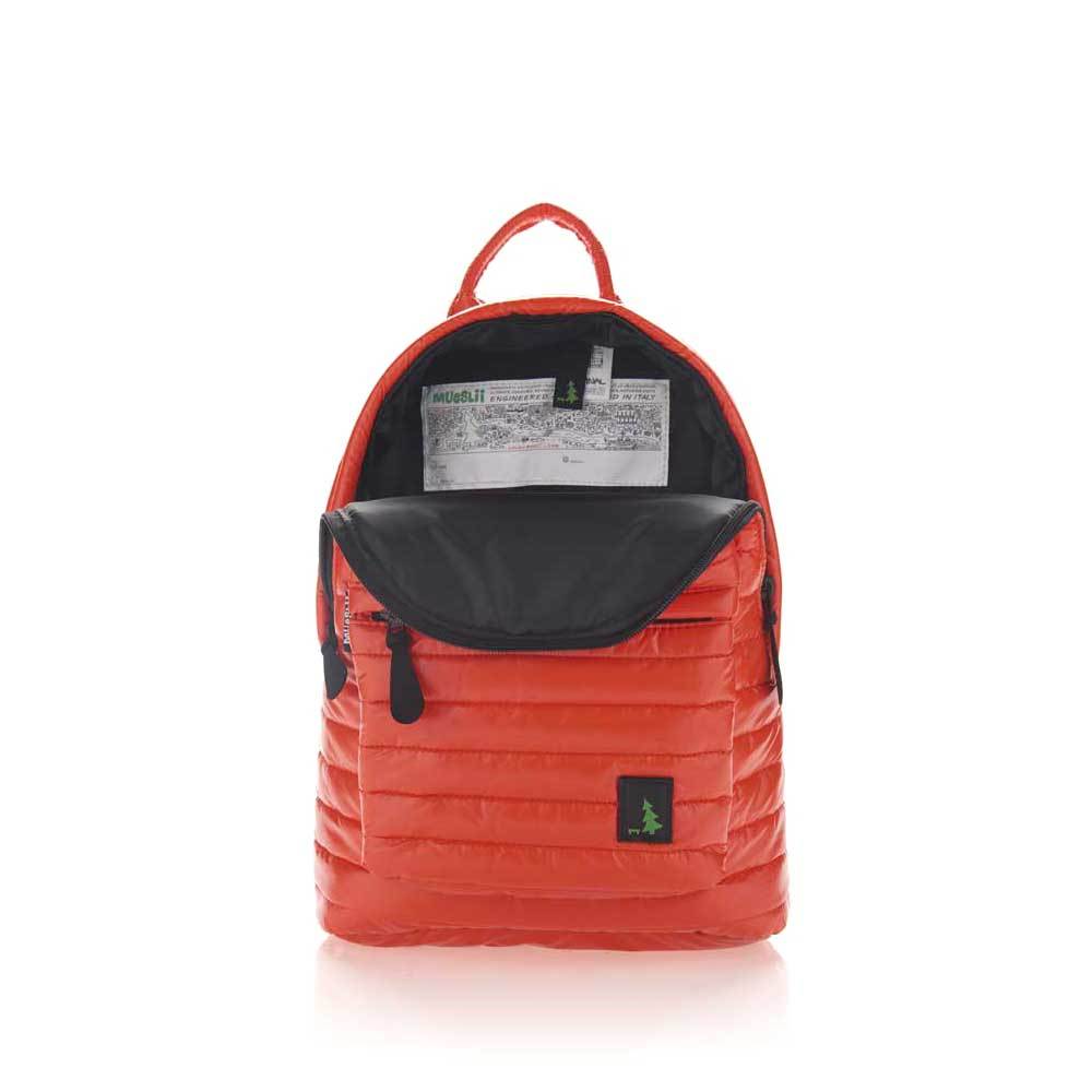 Mueslii original puffer medium and small backpack made of high density nylon and Ykk zips, color orange, inside view.