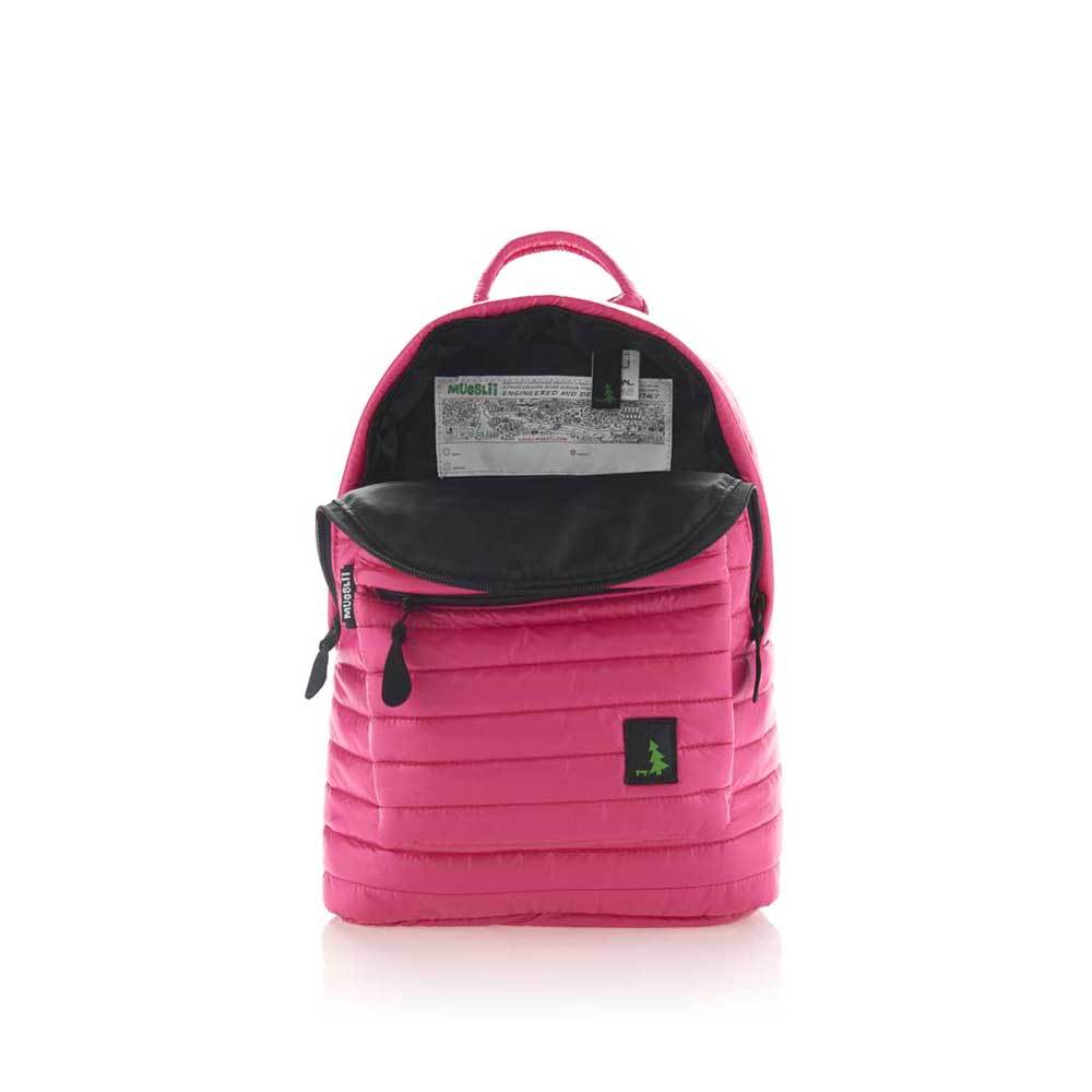 Mueslii original puffer medium and small backpack made of high density nylon and Ykk zips, color rose, inside view.