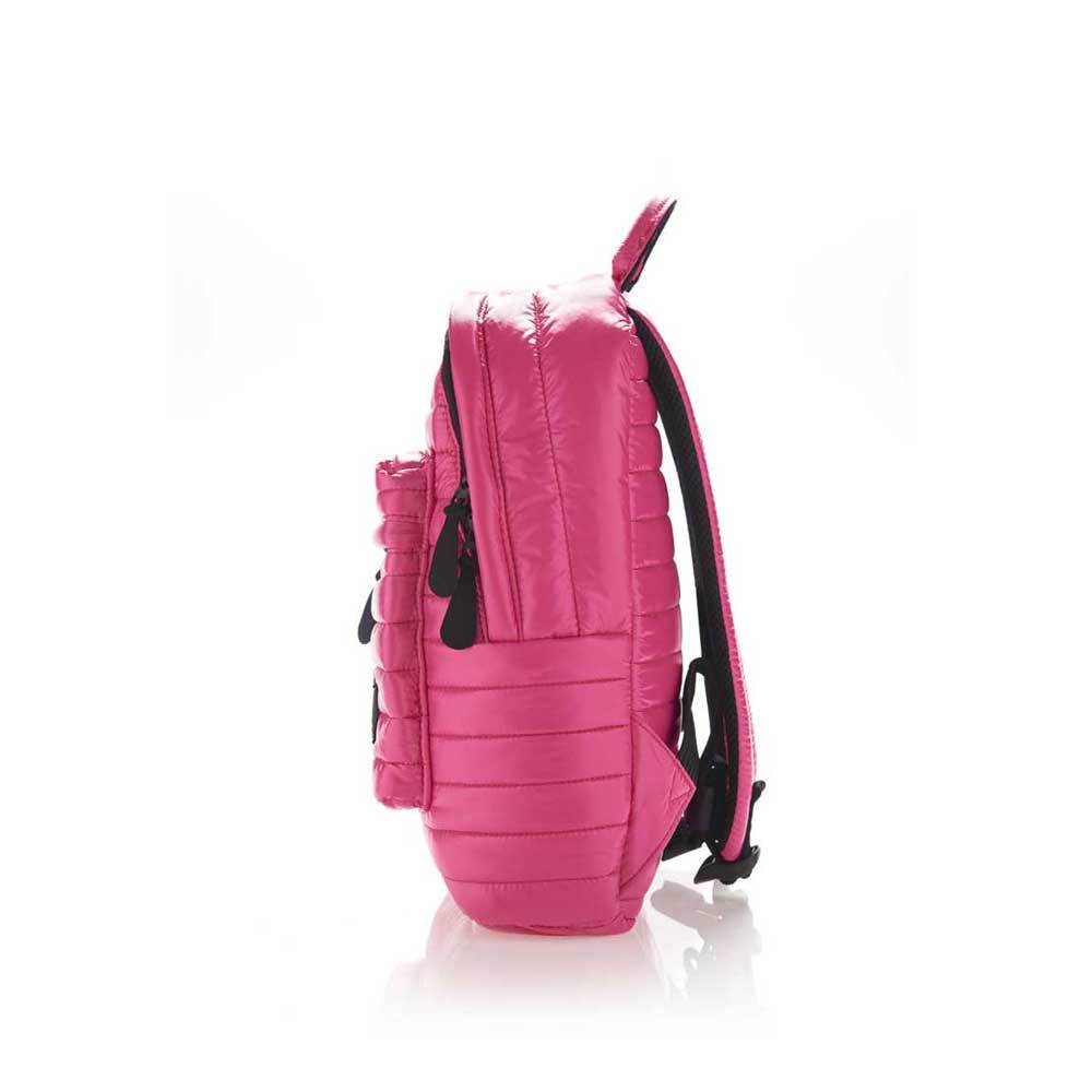 Mueslii original puffer medium and small backpack made of high density nylon and Ykk zips, color rose, side view.