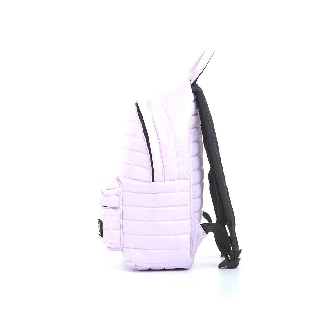 Mueslii original puffer medium and small backpack made of high density nylon and Ykk zips, color light pink, side view.