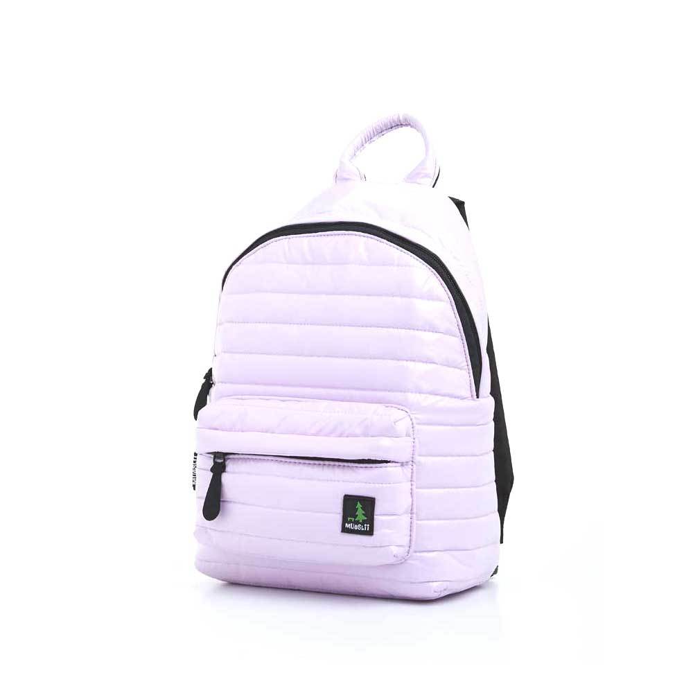 Mueslii original puffer medium and small backpack made of high density nylon and Ykk zips, color light pink. Material: waterproof shiny nylon.