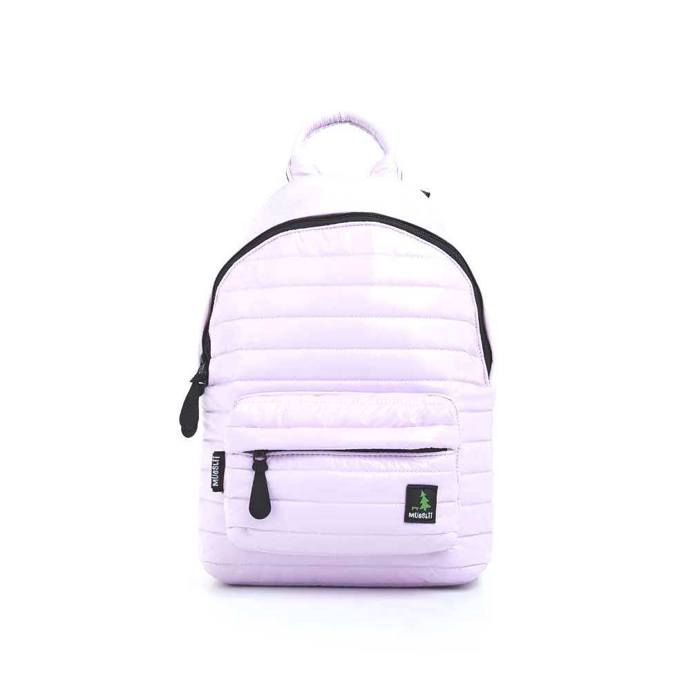 Mueslii original puffer medium and small backpack made of high density nylon and Ykk zips, color light pink, front view.