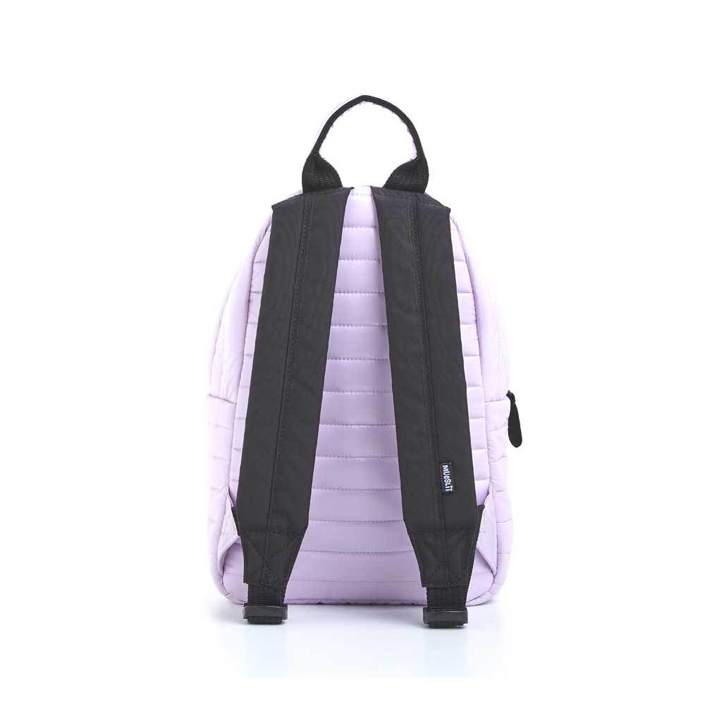Mueslii original puffer medium and small backpack made of high density nylon and Ykk zips, color light piink, back view.