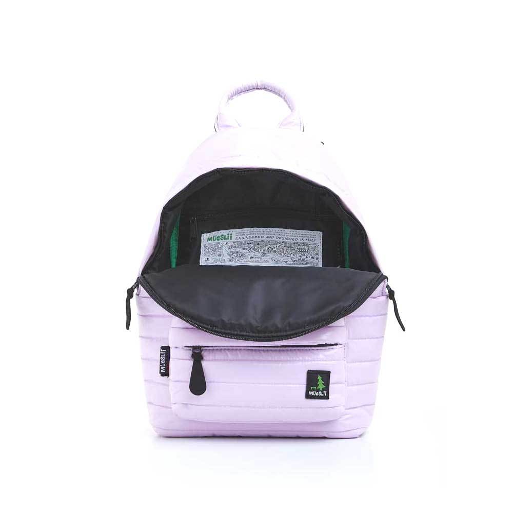 Mueslii original puffer medium and small backpack made of high density nylon and Ykk zips, color light pink, inside view.