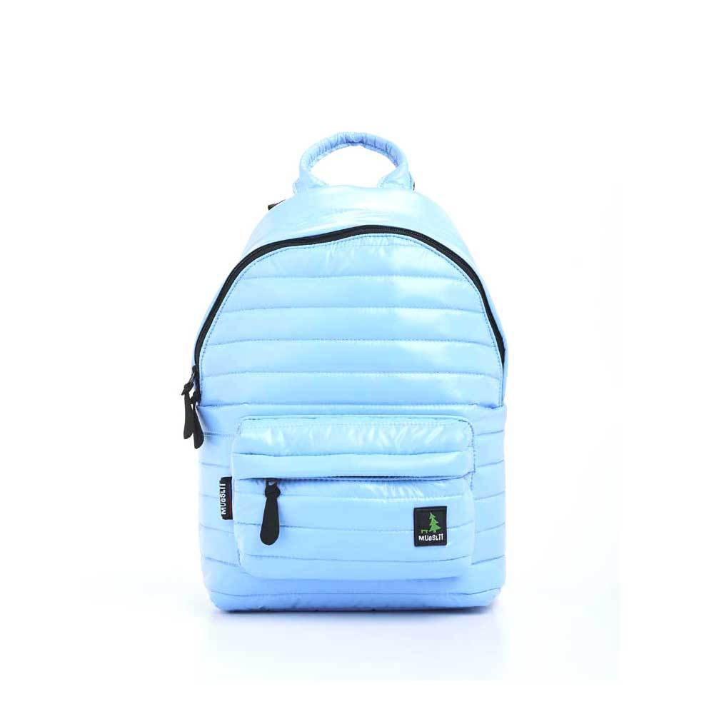 Mueslii original puffer medium and small backpack made of high density nylon and Ykk zips, color light blue, front view.