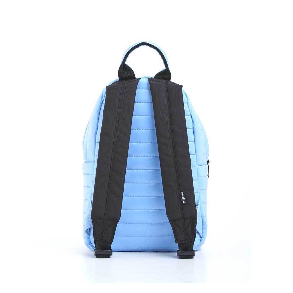 Mueslii original puffer medium and small backpack made of high density nylon and Ykk zips, color light blue, back view.