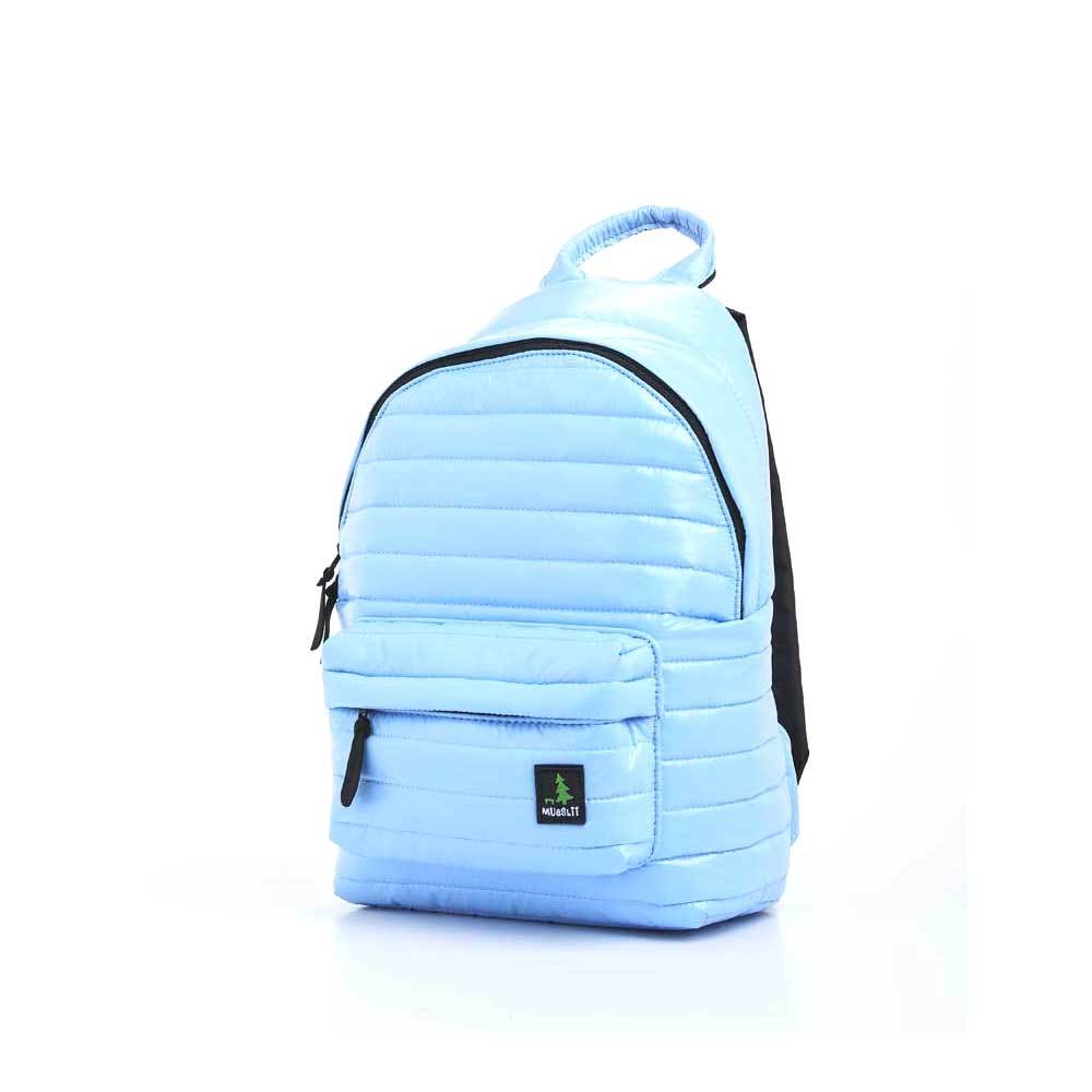 Mueslii original puffer medium and small backpack made of high density nylon and Ykk zips, color light blue, small and confortable.