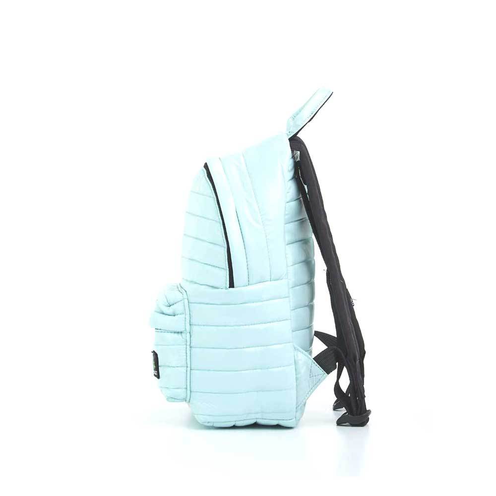 Mueslii original puffer medium and small backpack made of high density nylon and Ykk zips, color light green, side view.