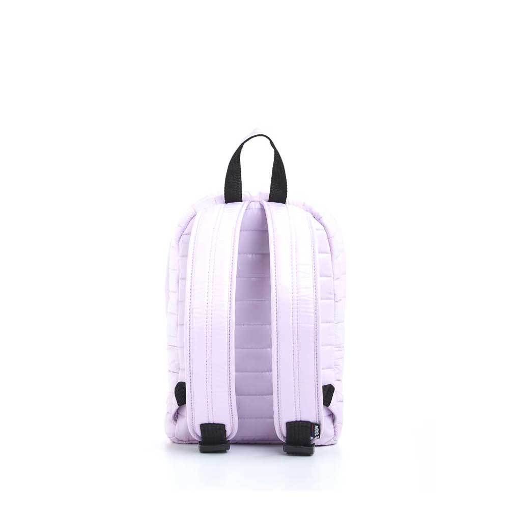 Mueslii original puffer Mini pack made of high density nylon and Ykk zips, color light pink, back view.