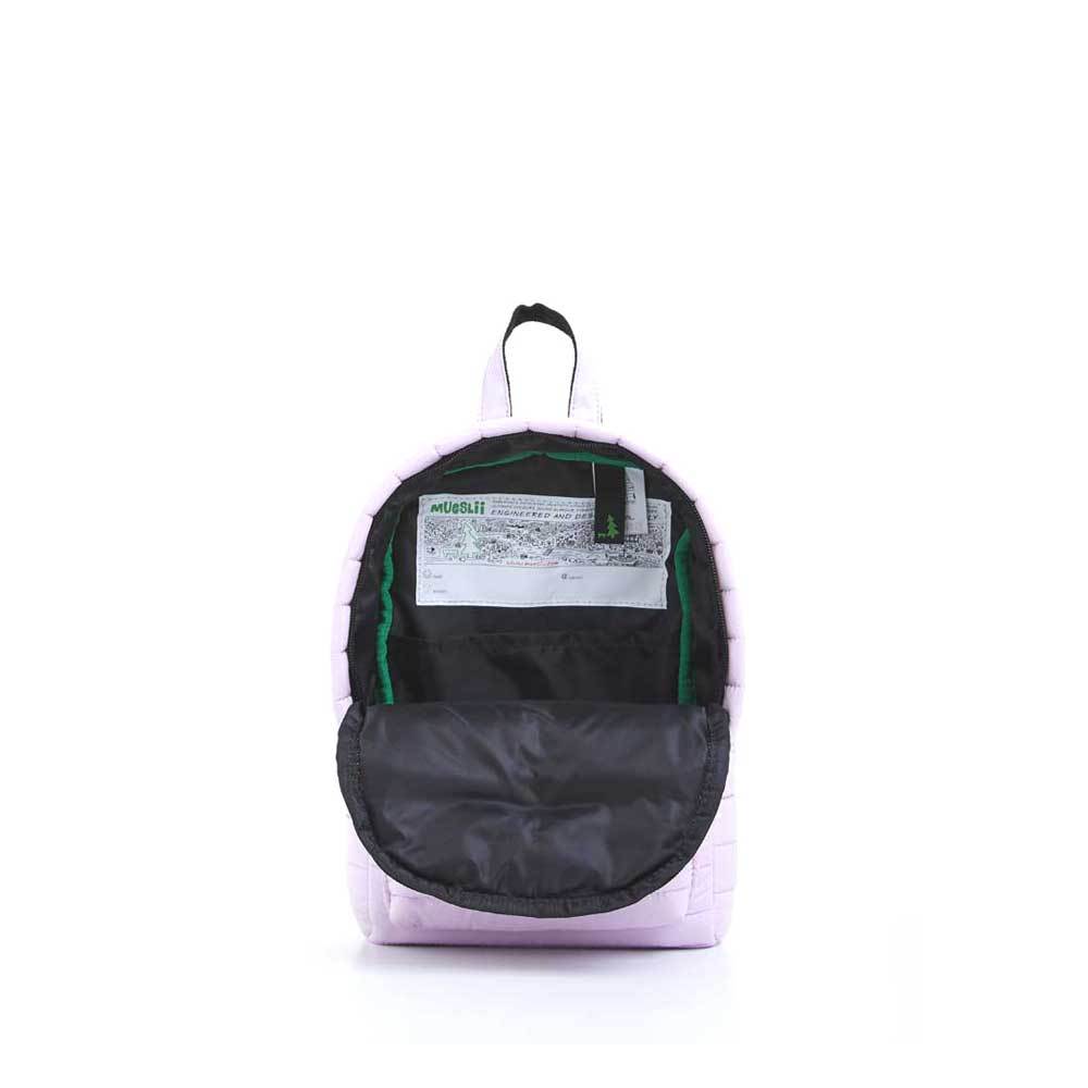 Mueslii original puffer Mini pack made of high density nylon and Ykk zips, color light pink, inside view.