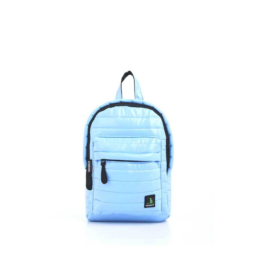 Mueslii original puffer Mini pack made of high density nylon and Ykk zips, color light blue, front view.