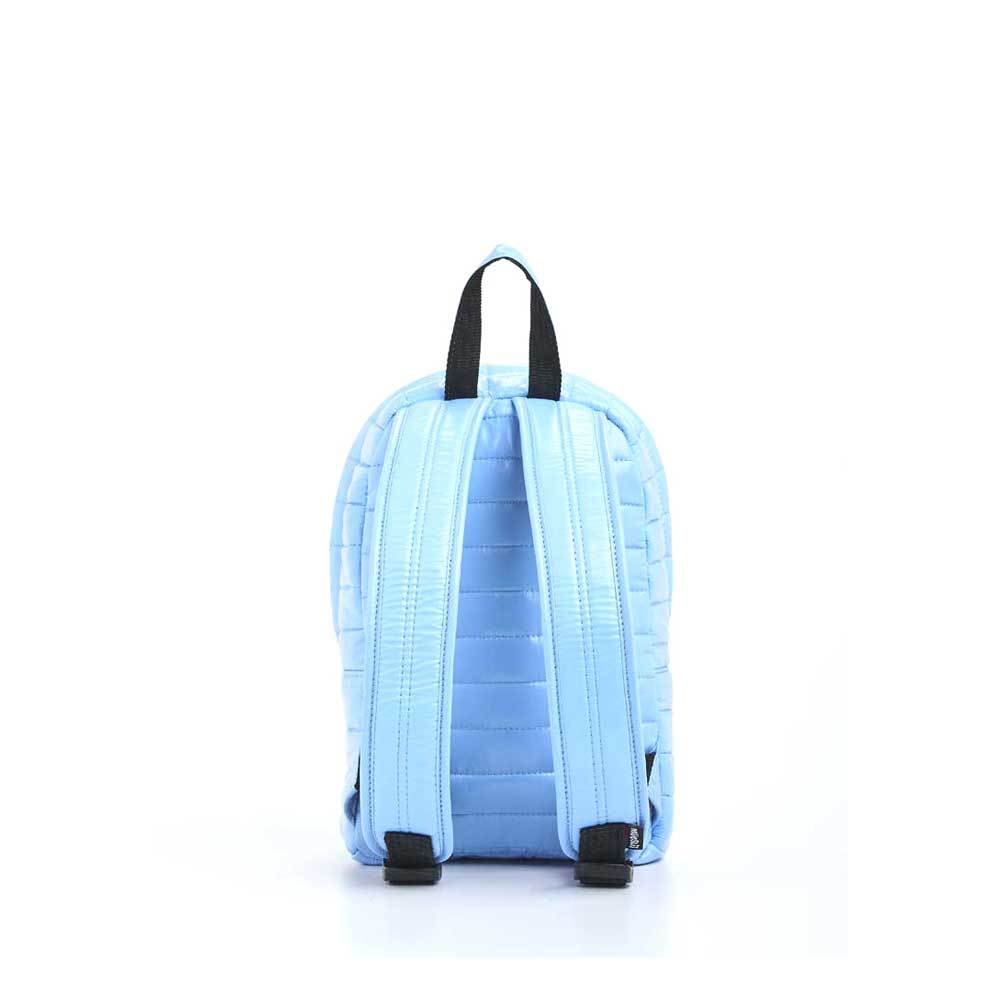 Mueslii original puffer Mini pack made of high density nylon and Ykk zips, color light blue, back view.