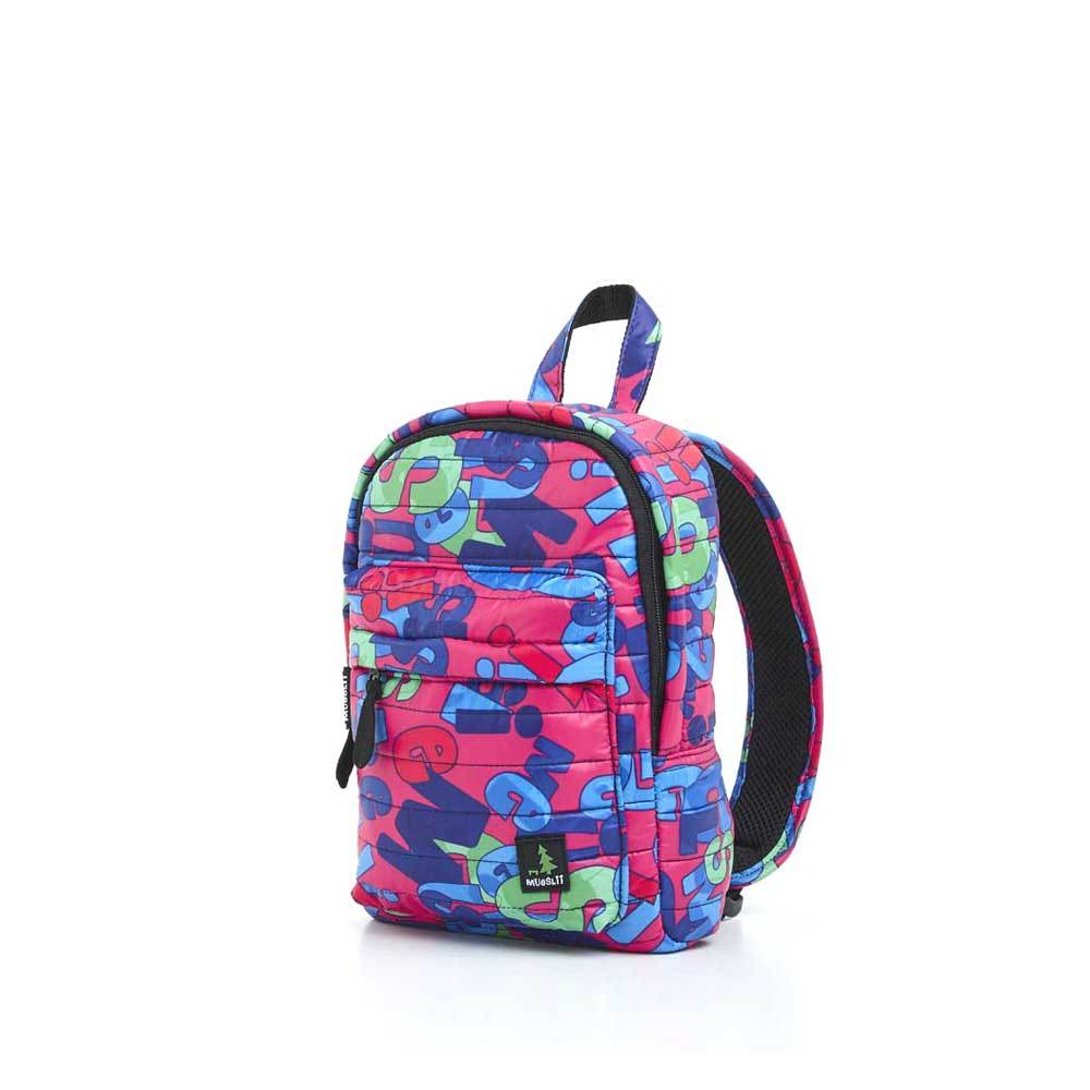 Mueslii original puffer Mini pack made of high density nylon and Ykk zips, pattern mueslii camo, color pink, green, blue, red, side view.