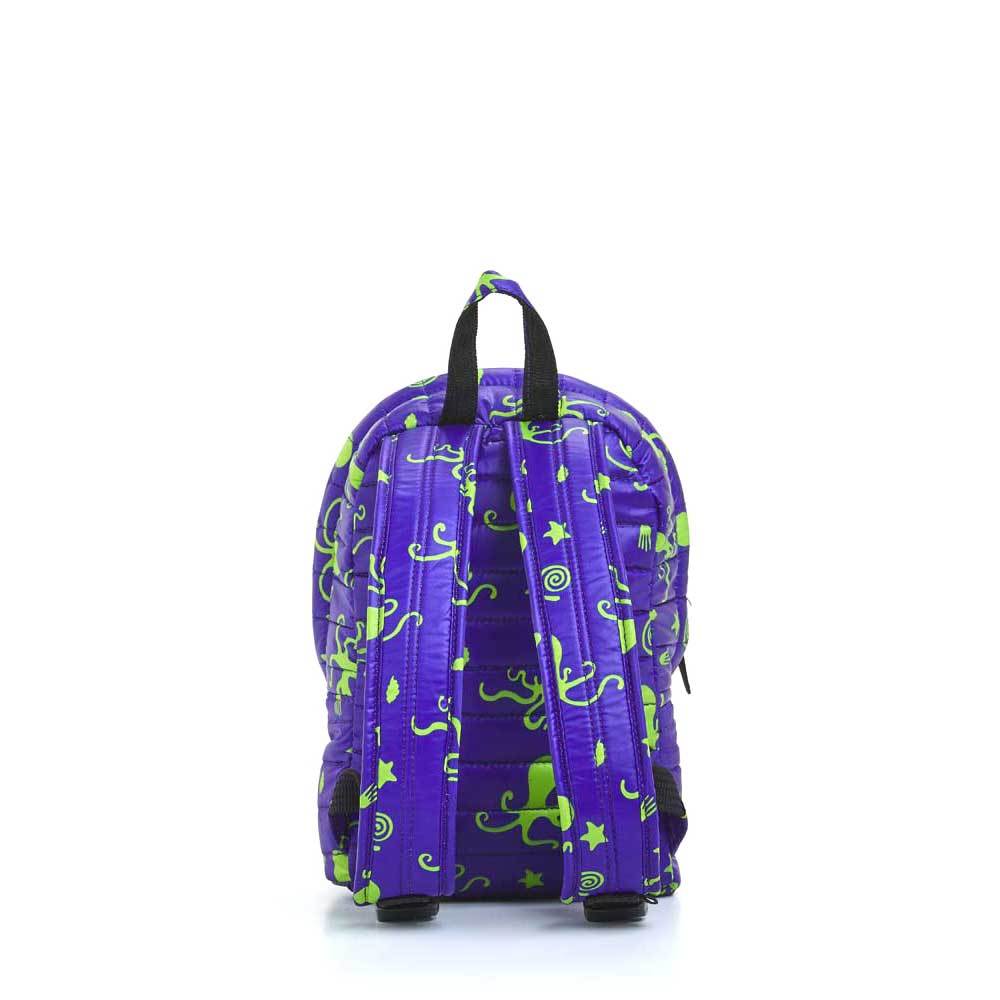 Mueslii original puffer Mini pack made of high density nylon and Ykk zips, octopus, color  purple, green, back view.