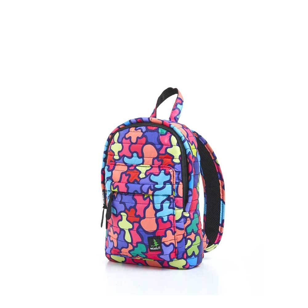 Mueslii original puffer Mini pack made of high density nylon and Ykk zips, pattern puzzle, color pink, red, green, yellow, blue, side view.