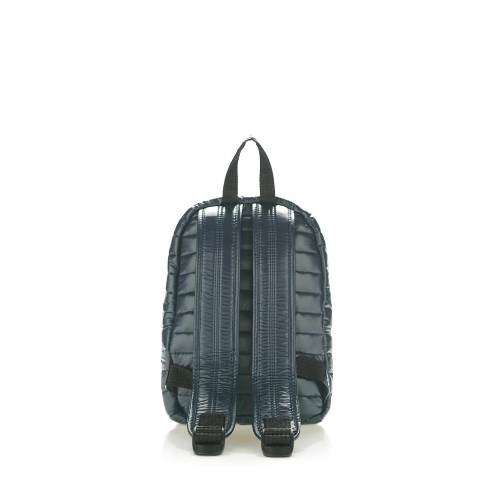 Mueslii original puffer Mini pack made of high density nylon and Ykk zips, color blue, back view.