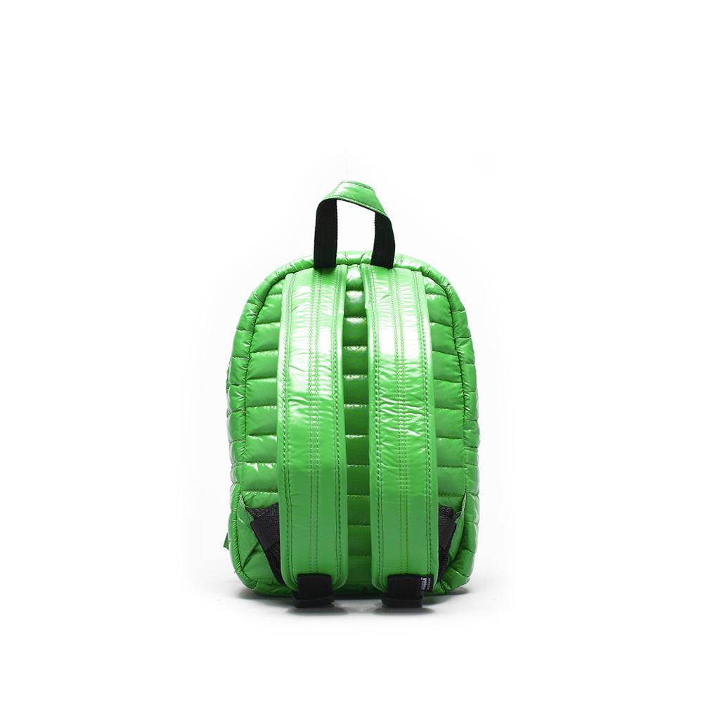 Mueslii original puffer Mini pack made of high density nylon and Ykk zips, color jungle green, back view.