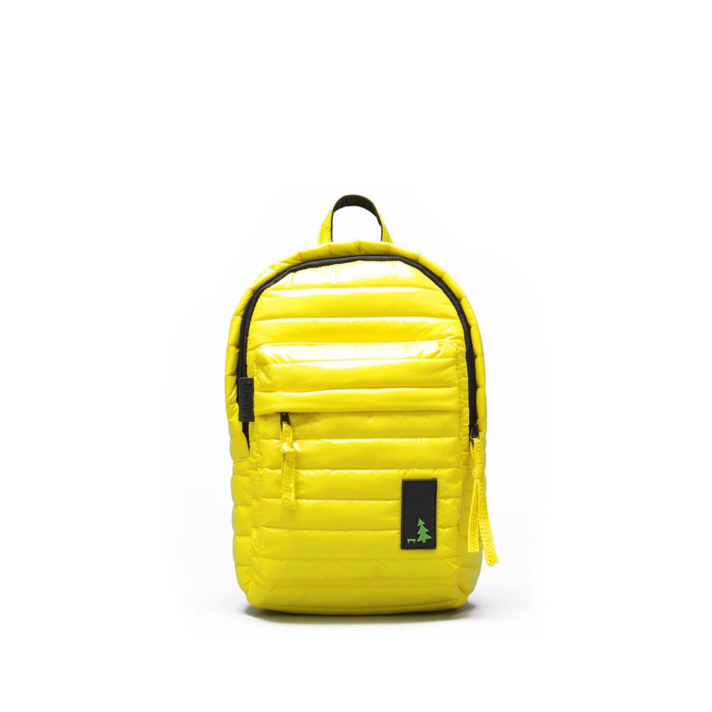 Mueslii original puffer Mini pack made of high density nylon and Ykk zips, color yellow, front view.