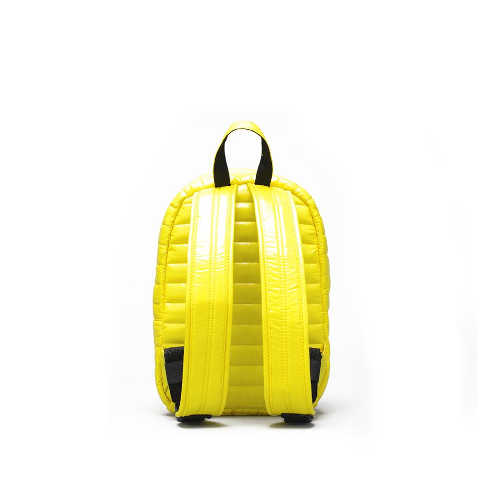 Mueslii original puffer Mini pack made of high density nylon and Ykk zips, color yellow, back view.