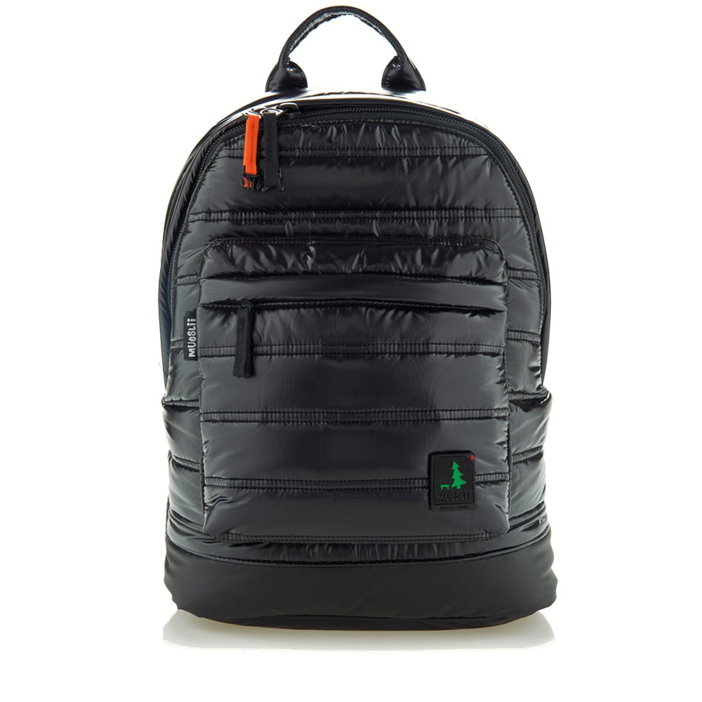 Mueslii original puffer laptop backpack made of high density nylon and Ykk zips, color black shiny, front view.